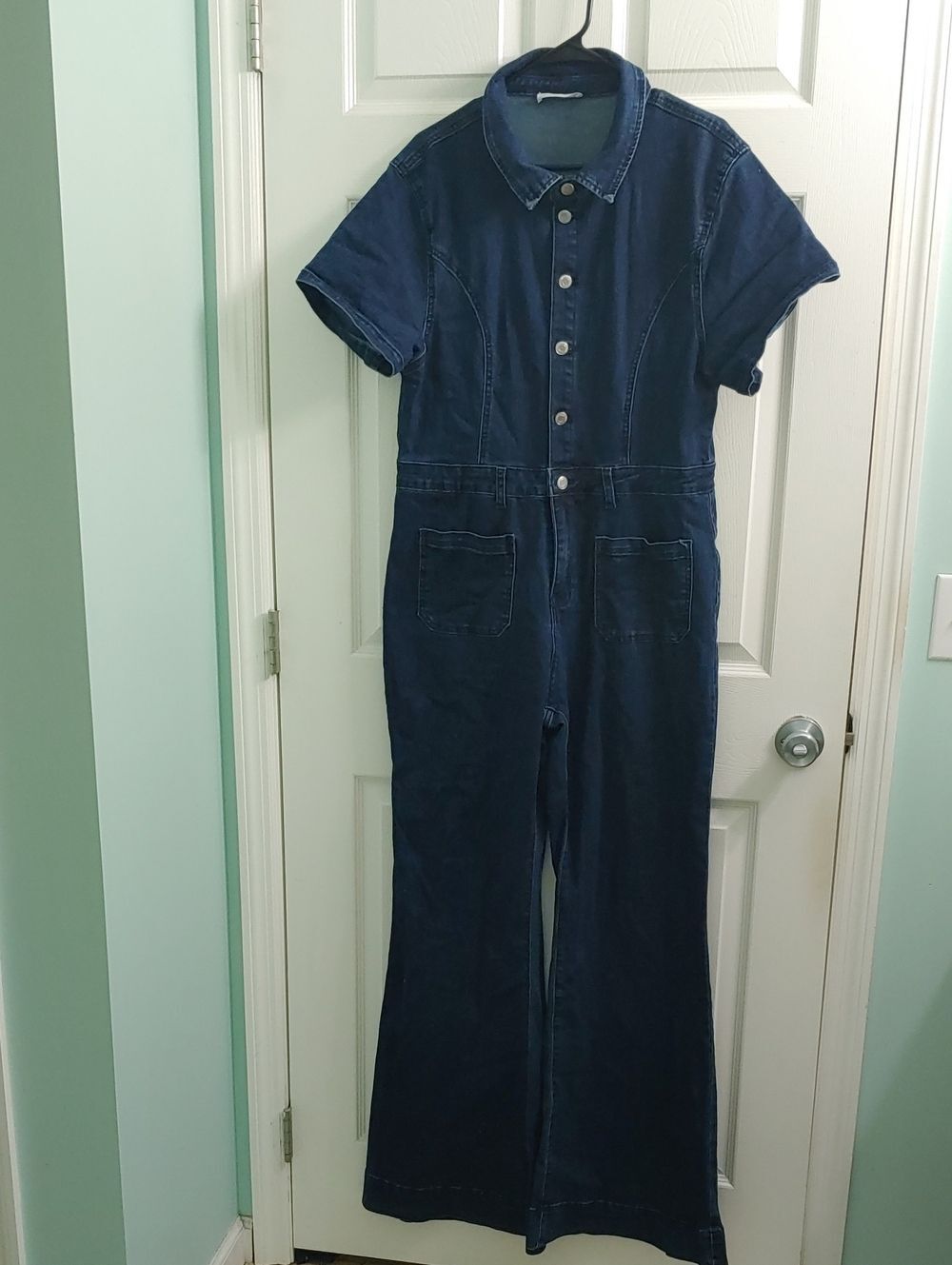 Wisteria Lane Denim Jumpsuit Flare Leg Button Front Dark Wash Jean Women's 2XL